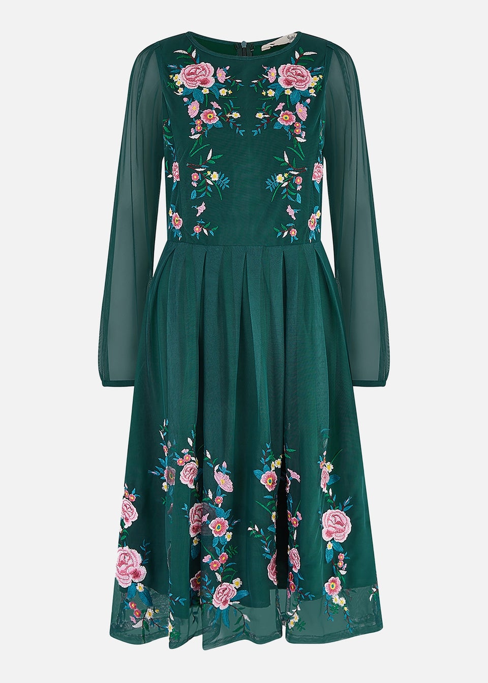 Yumi Green Embroidered Long Mesh Sleeve Prom Skater Dress Matalan
