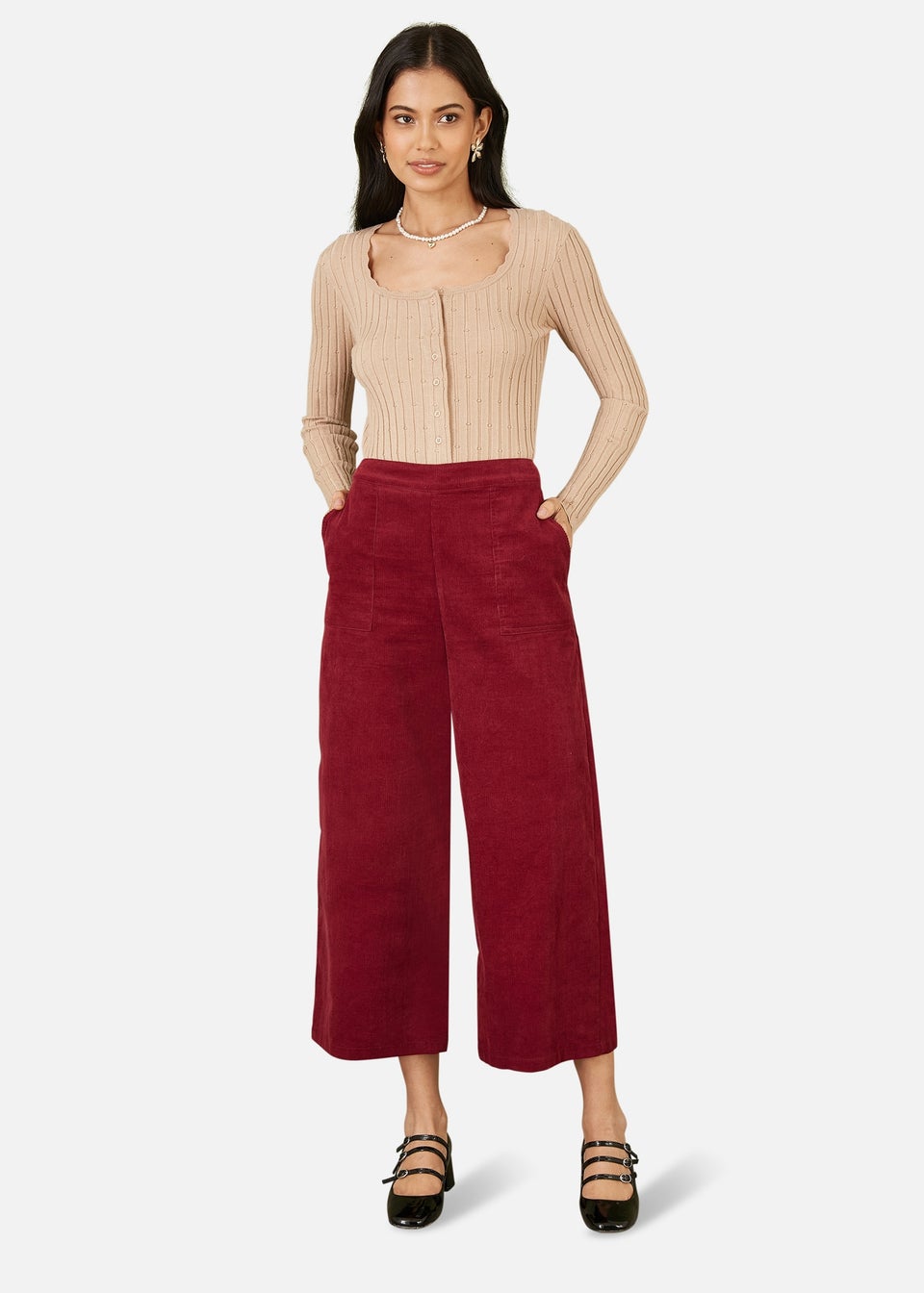 Yumi Burgundy Cord Cropped Wide Leg Trousers With Pockets