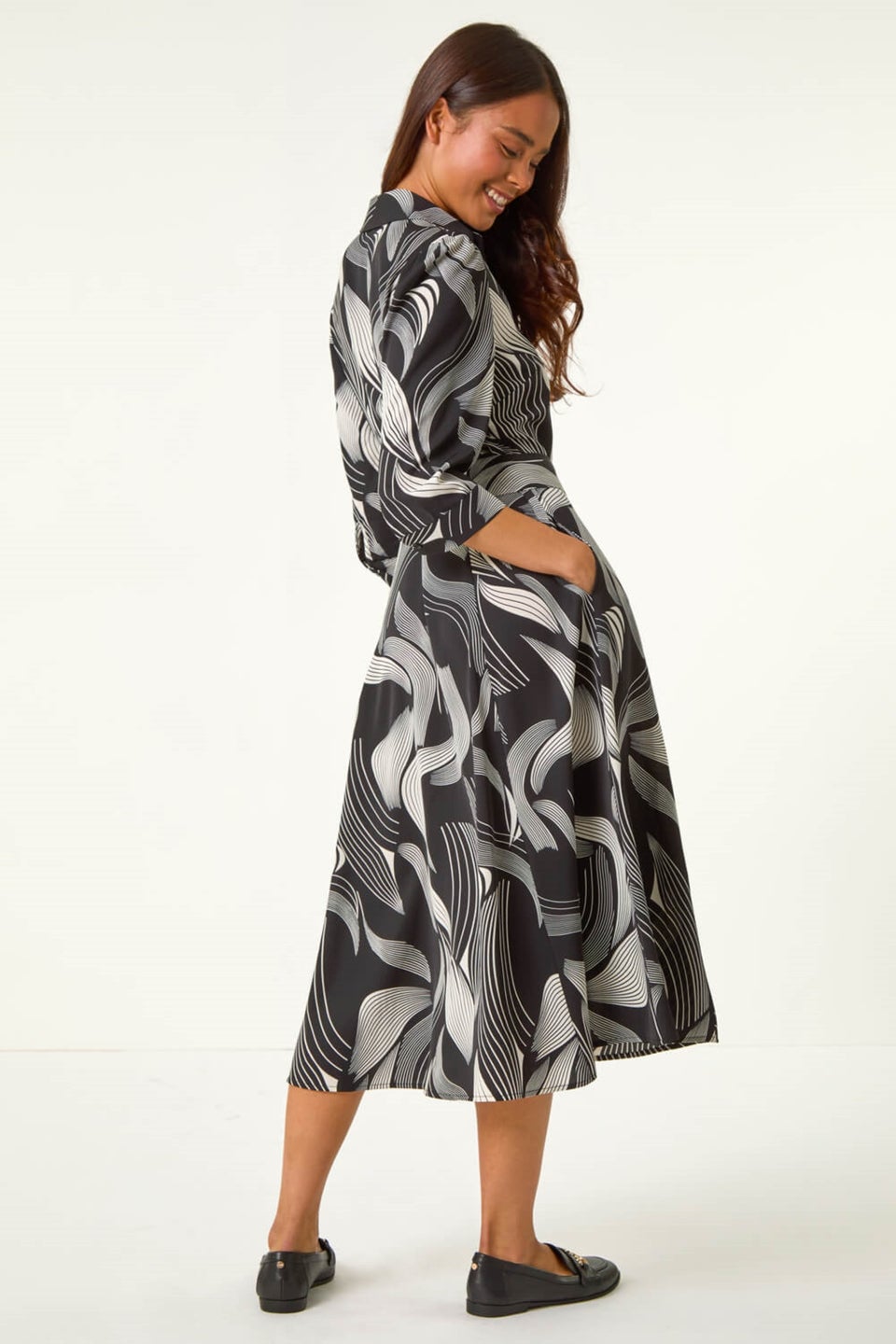 Roman Black Petite Graphic Belt Detail Midi Shirt Dress