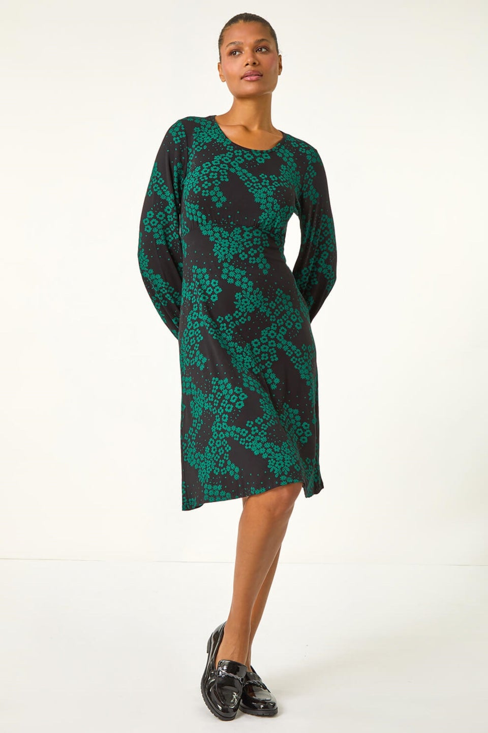 Roman Green Ditsy Floral Gathered Stretch Dress