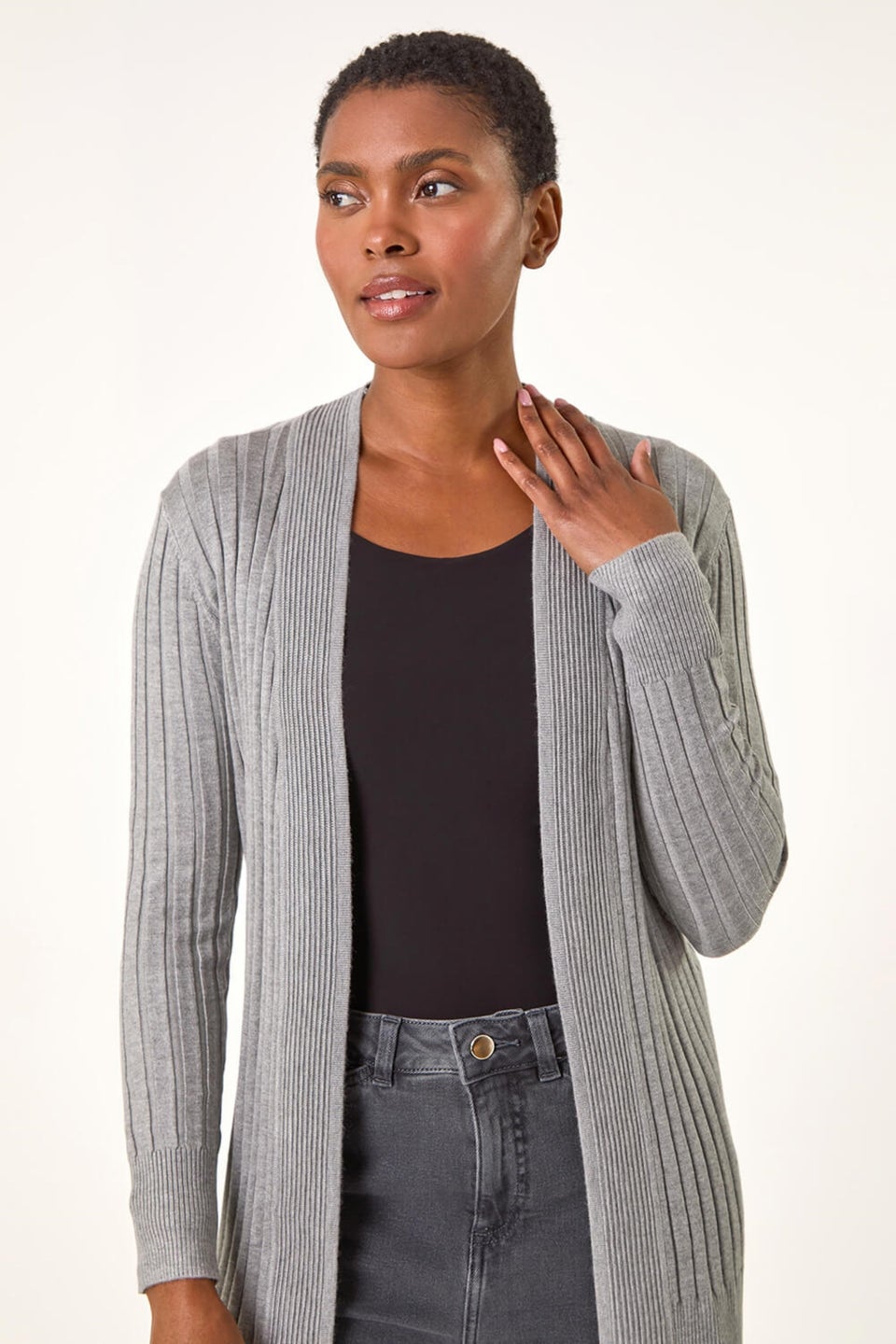 Roman Light Grey Longline Stretch Ribbed Cardigan Matalan