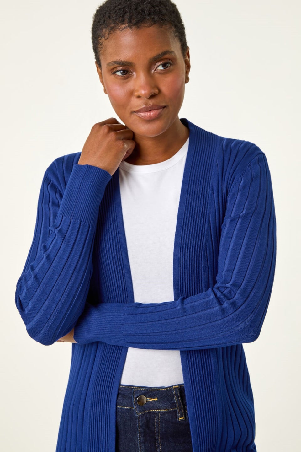 Roman Ink Blue Longline Stretch Ribbed Cardigan