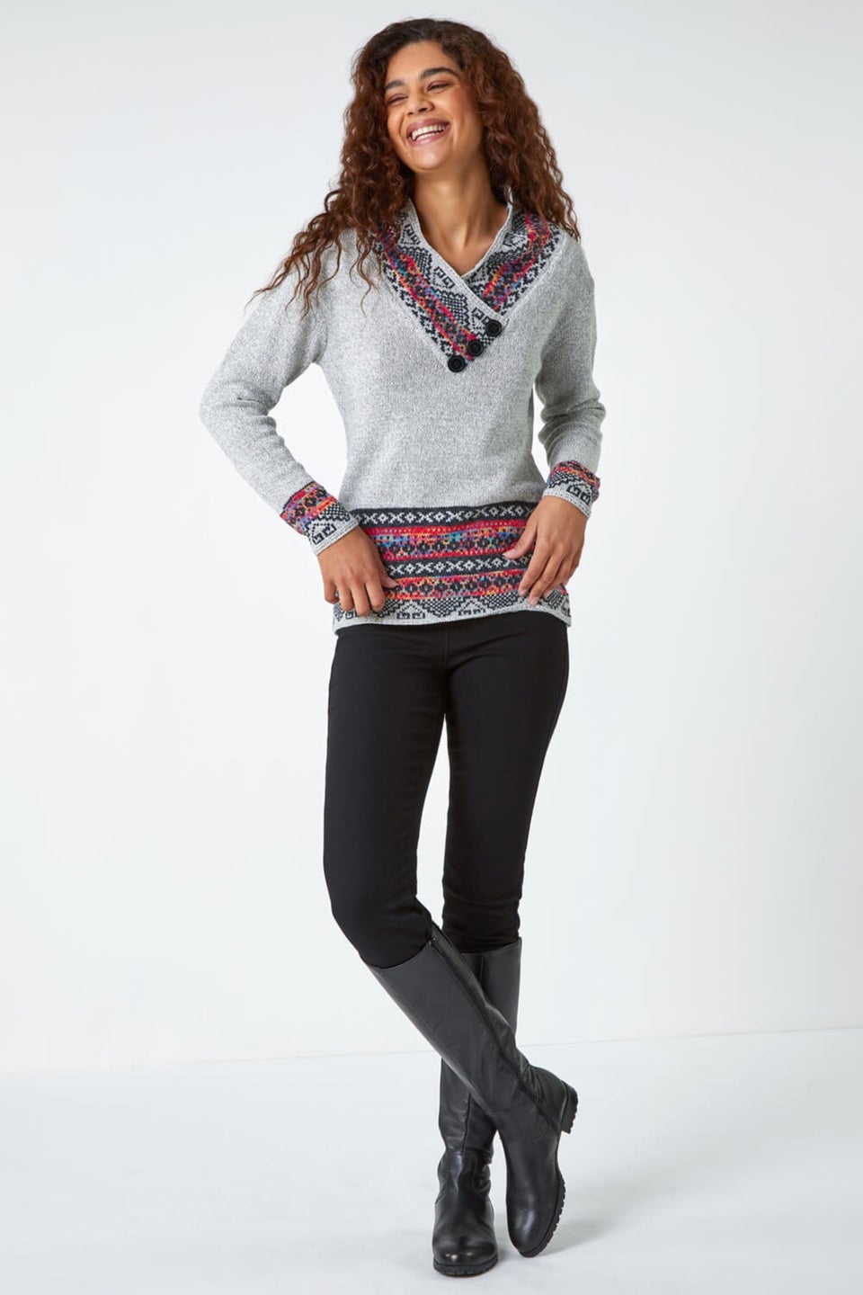 Roman Grey Nordic Print Button Detail V-Neck Jumper