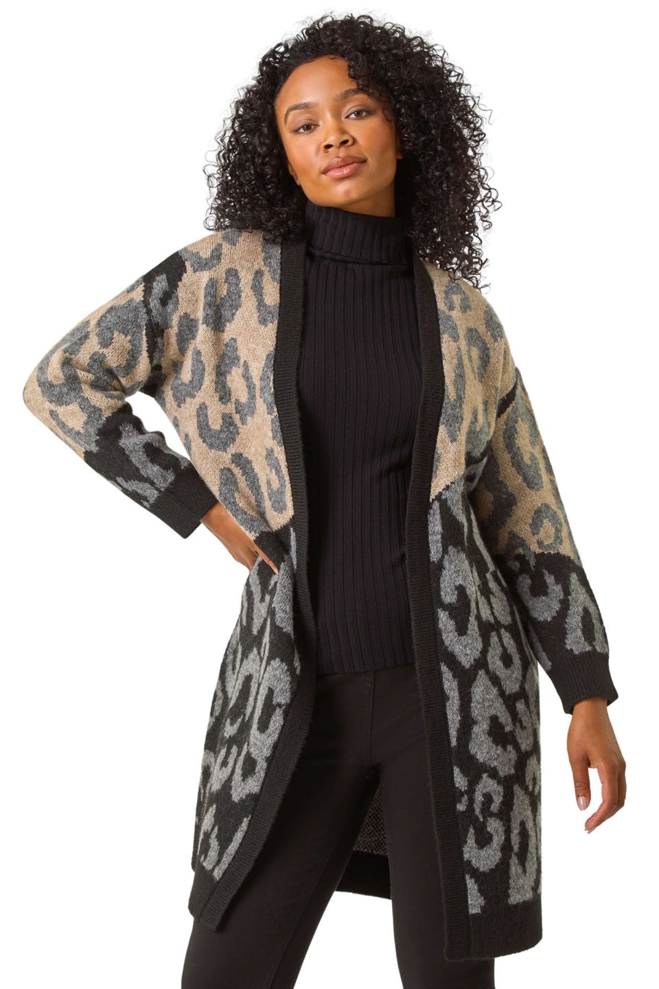 Roman Black Petite Animal Print Contrast Cardigan Matalan