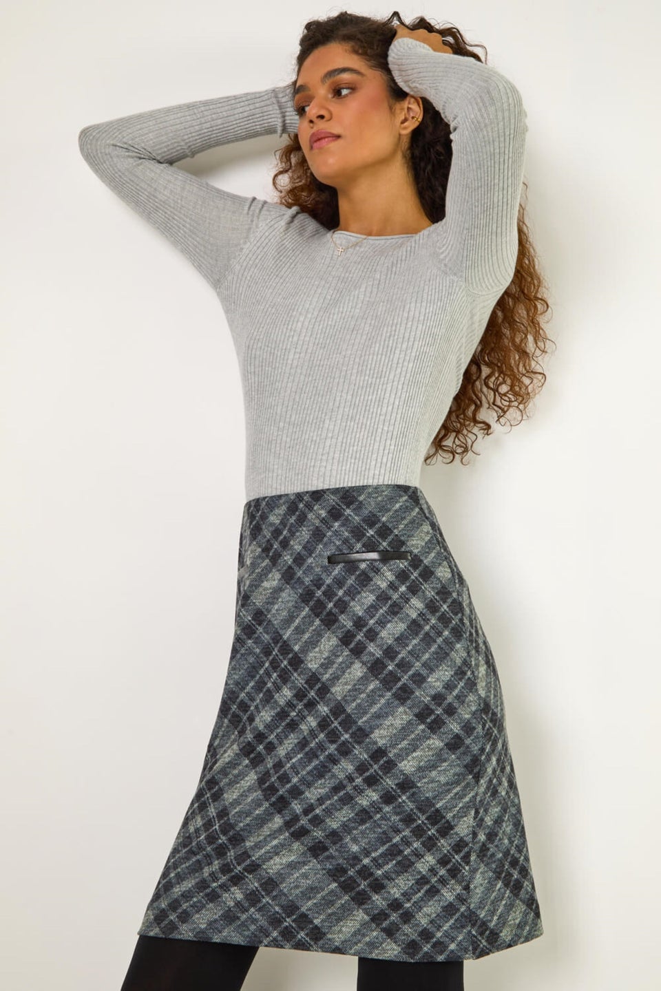Roman Dark Grey Elastic Waist Check Print Pocket Pencil Skirt