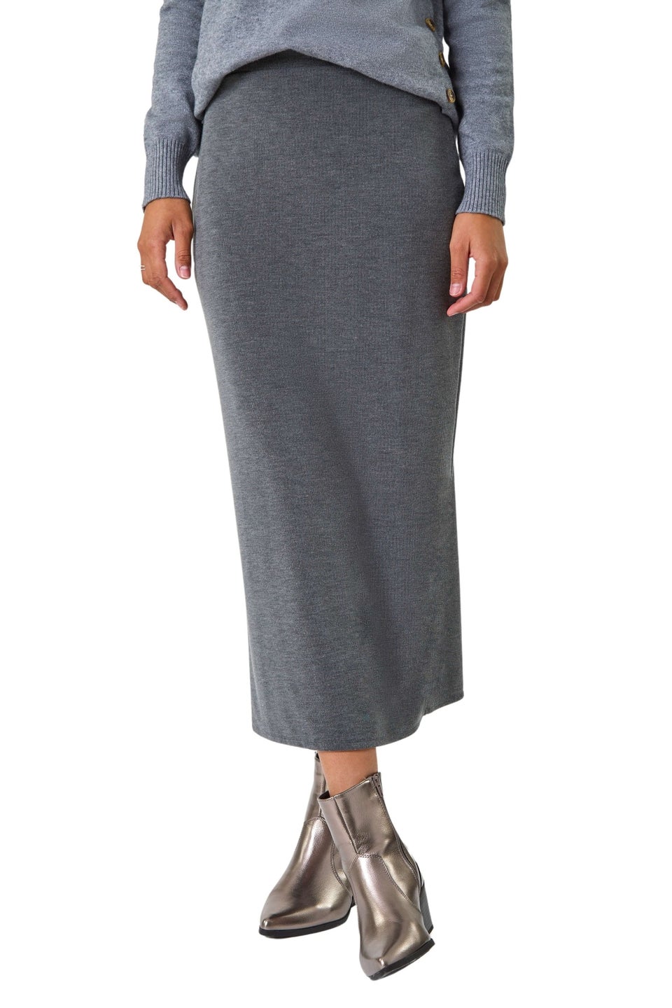 Roman Dark Grey Soft Touch Rib Midi Skirt Matalan