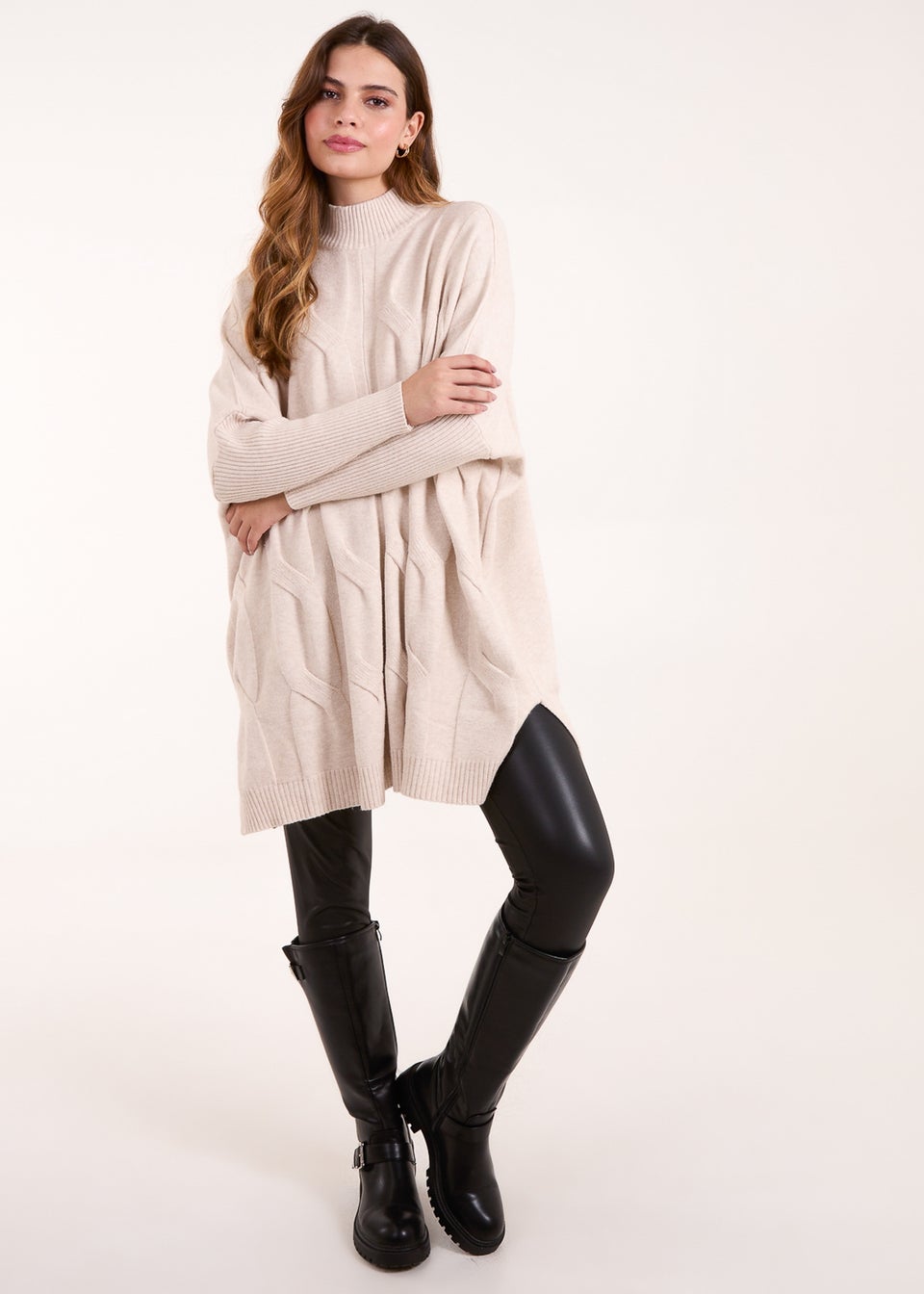 Blue Vanilla Stone Stand Neck Big Cable Jumper