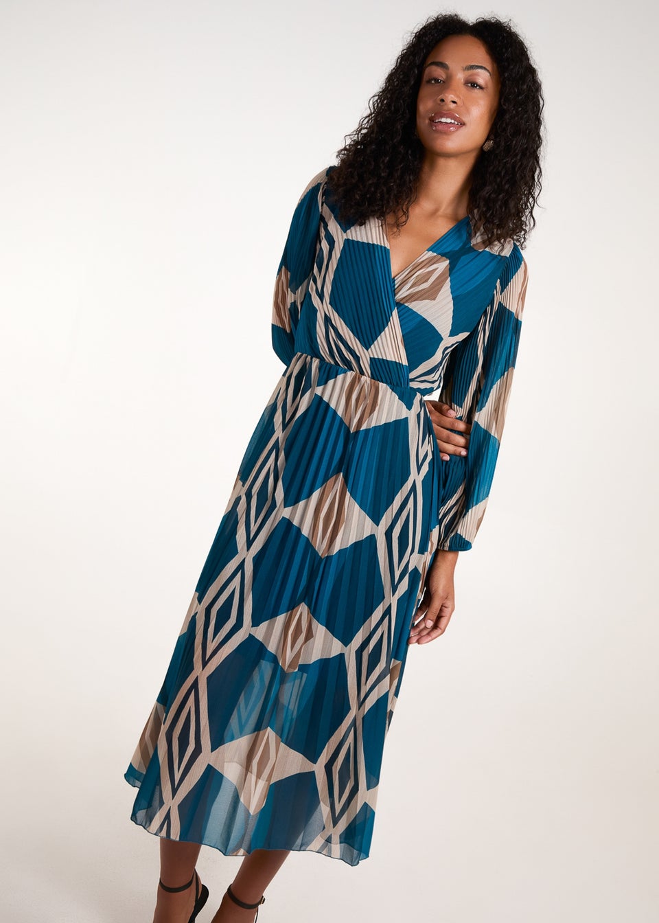 Blue Vanilla Teal Wrap Front Pleated Geometric Maxi Dress