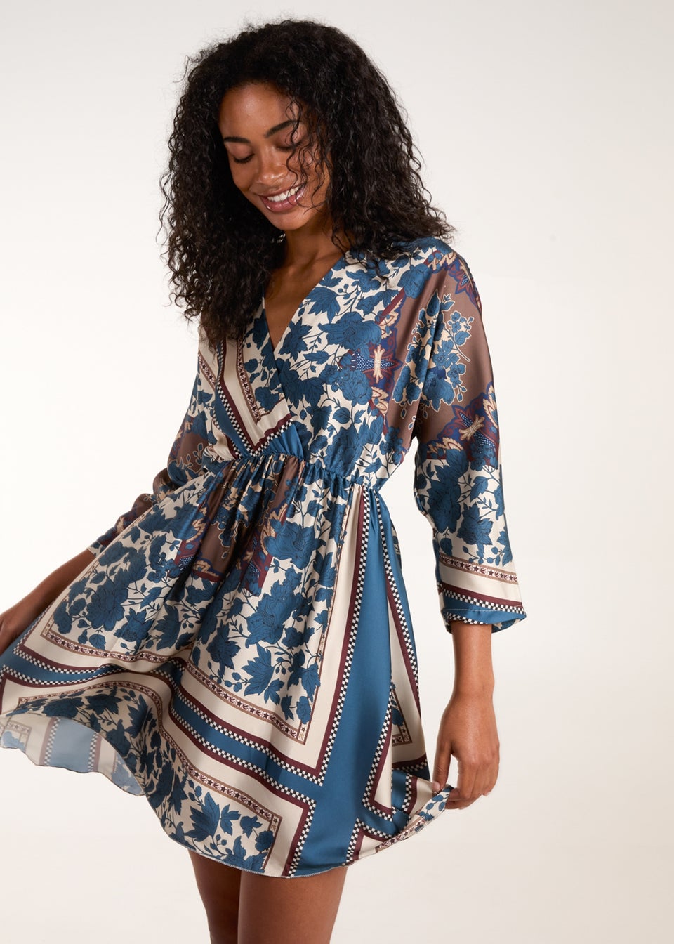 Blue Vanilla Teal Scarf Print Batwing Crossover Dress Matalan
