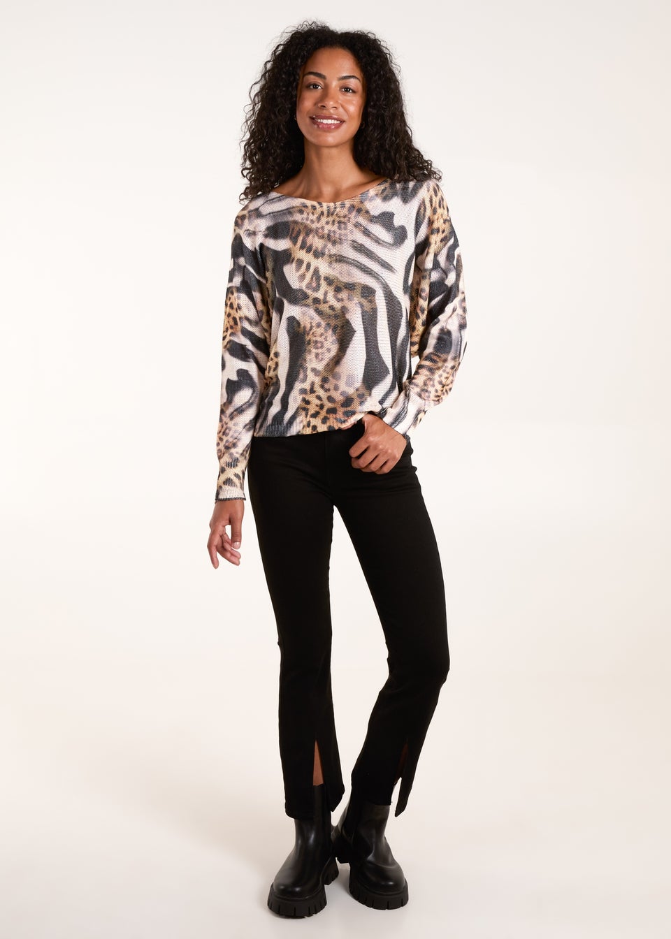 Blue Vanilla Brown Leopard Abstract Fine Knit Jumper