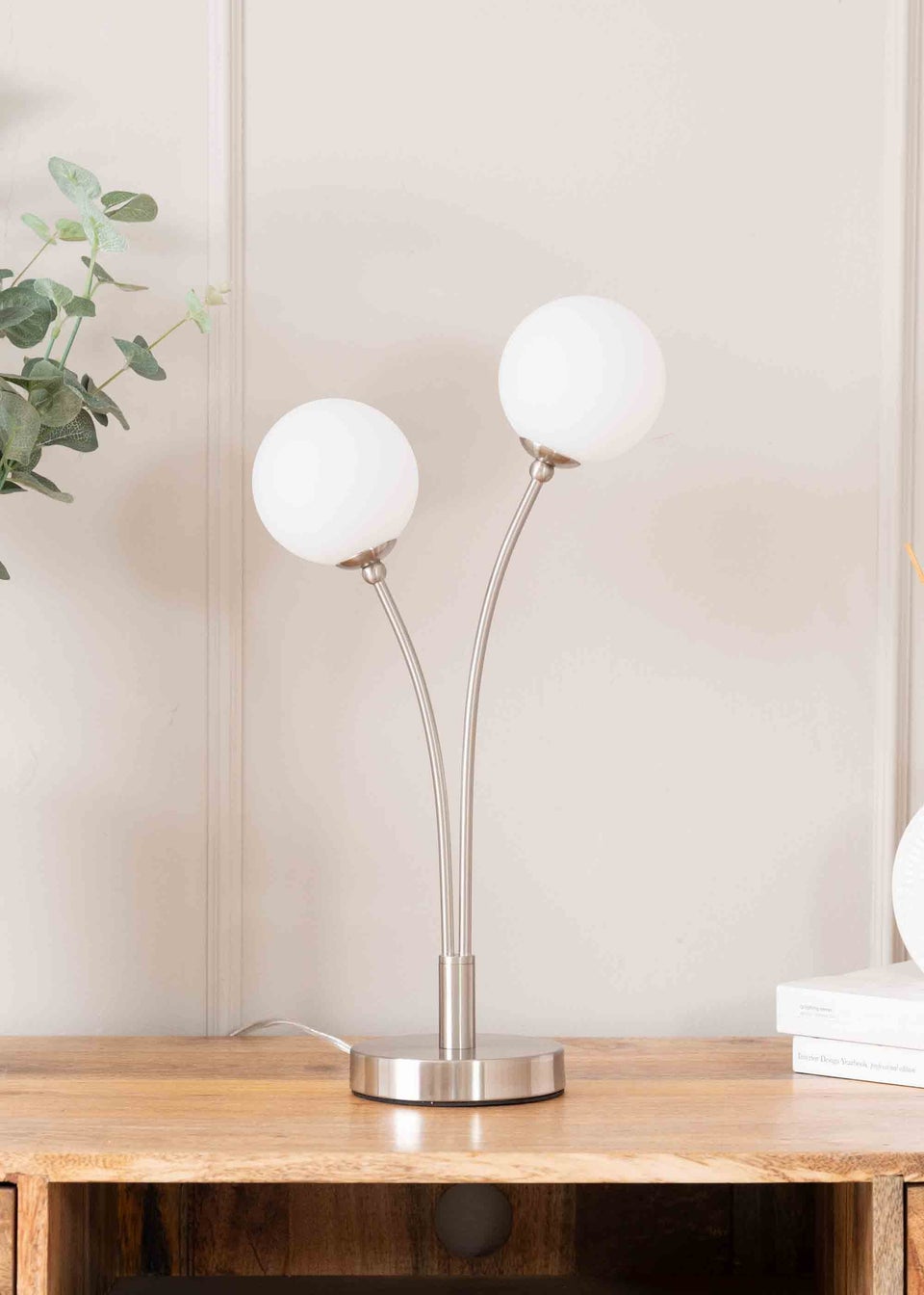 ValueLights Velika  Silver Table Lamp with White Globe Shade (47.5cm x 13cm x 24cm)