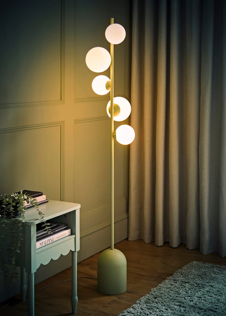 ValueLights Marlow Sage Green Floor Lamp with White Globe Shade