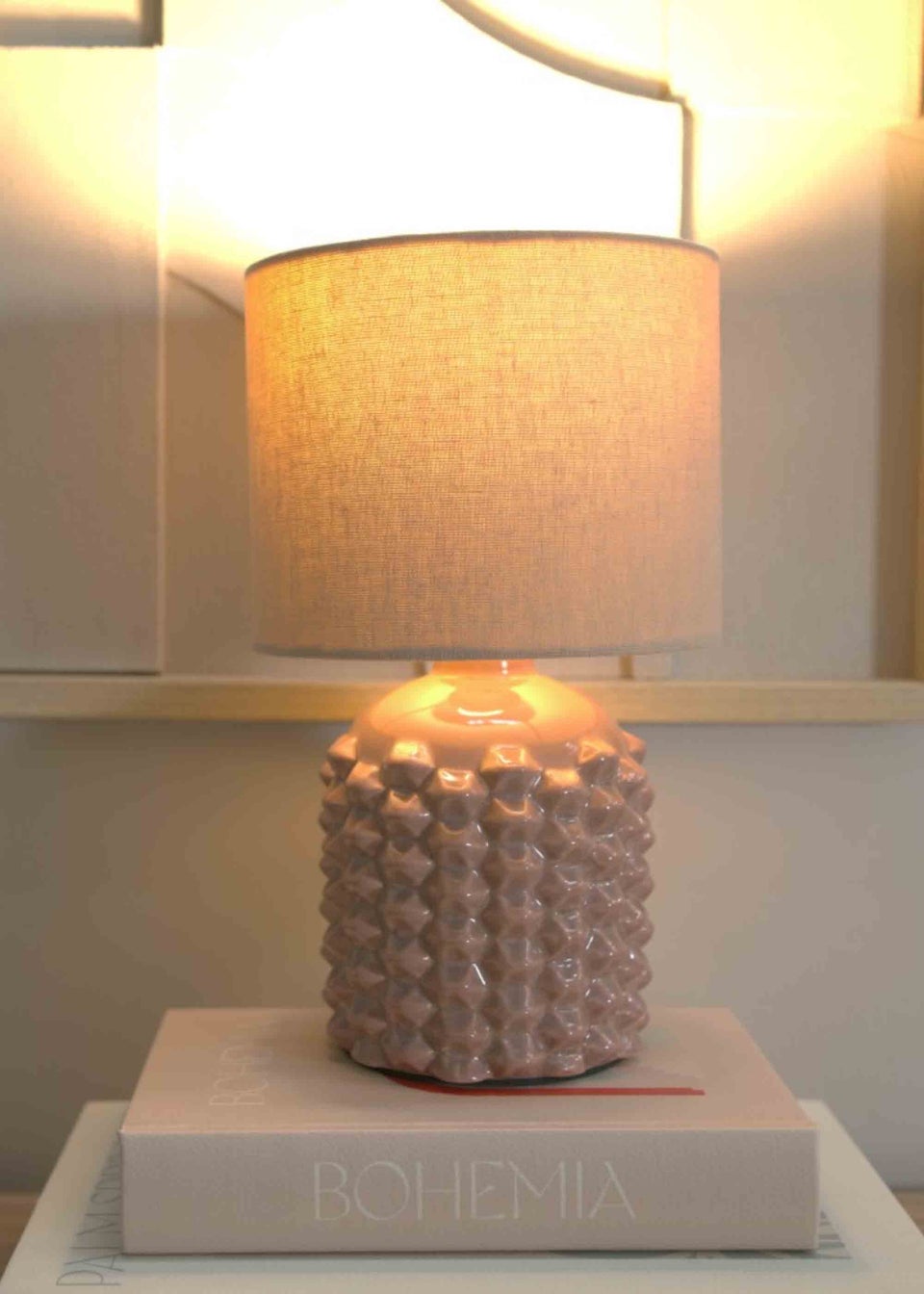 ValueLights Asha Gloss Natural Table Lamp with Grey Drum Shade