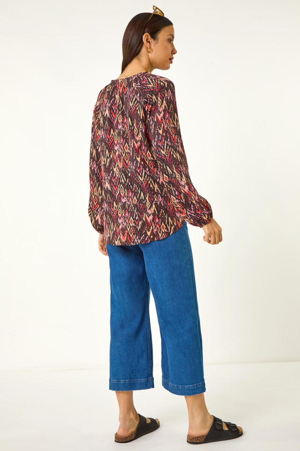 Roman Orange Aztec Print V-Neck Cuff Sleeve Top
