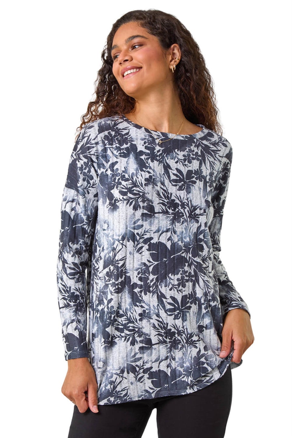 Roman Grey Floral Print Ribbed Top