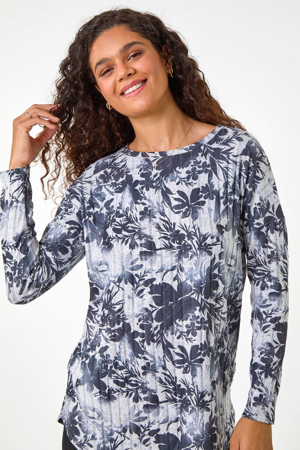 Roman Grey Floral Print Ribbed Top