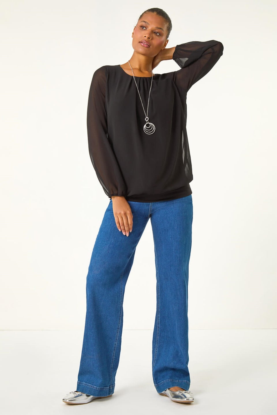 Roman Black Chiffon Banded Hem Pleated Top