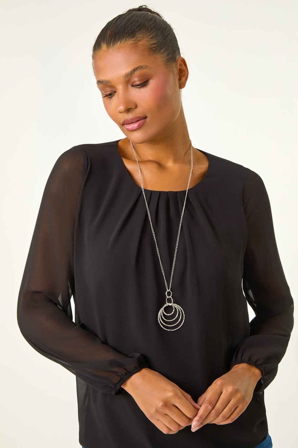 Roman Black Chiffon Banded Hem Pleated Top