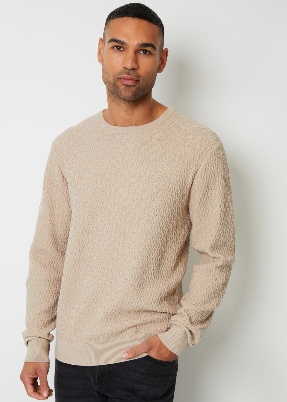 Threadbare Beige Mini Cable Knit Crew Neck Jumper