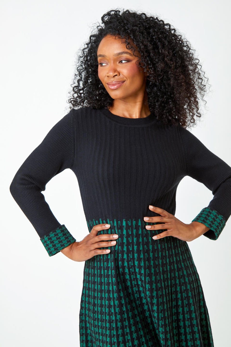 Roman Forest Green Petite Contrast Knit Jumper Dress