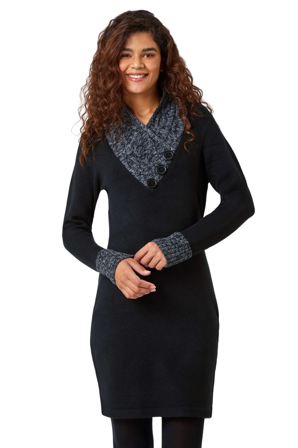 Roman Black Contrast Button Detail Knit Dress
