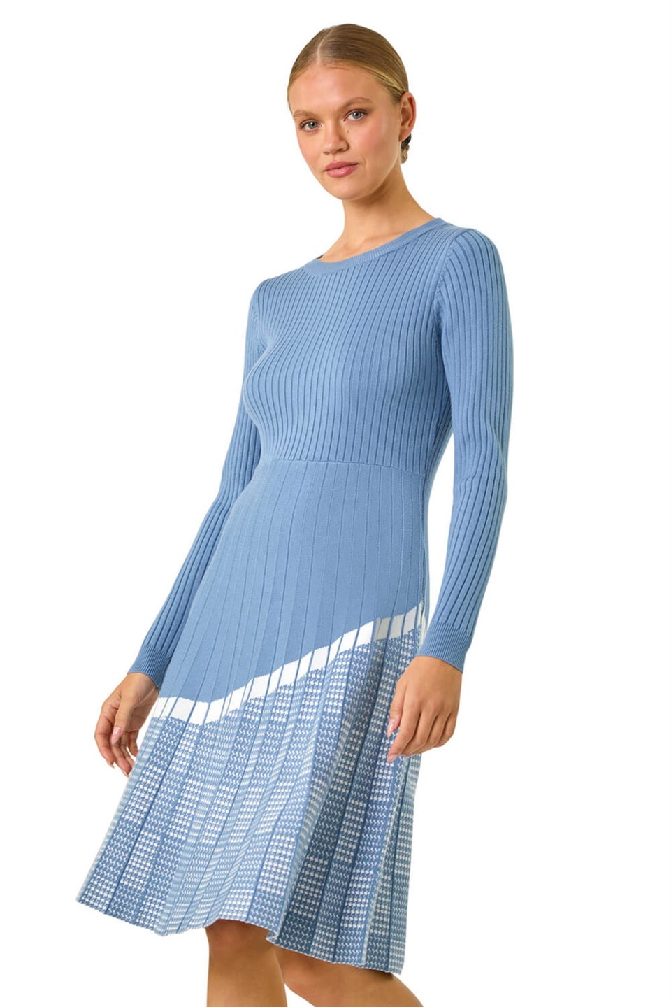 Roman Blue Pleated Border Ribbed Knit Dress