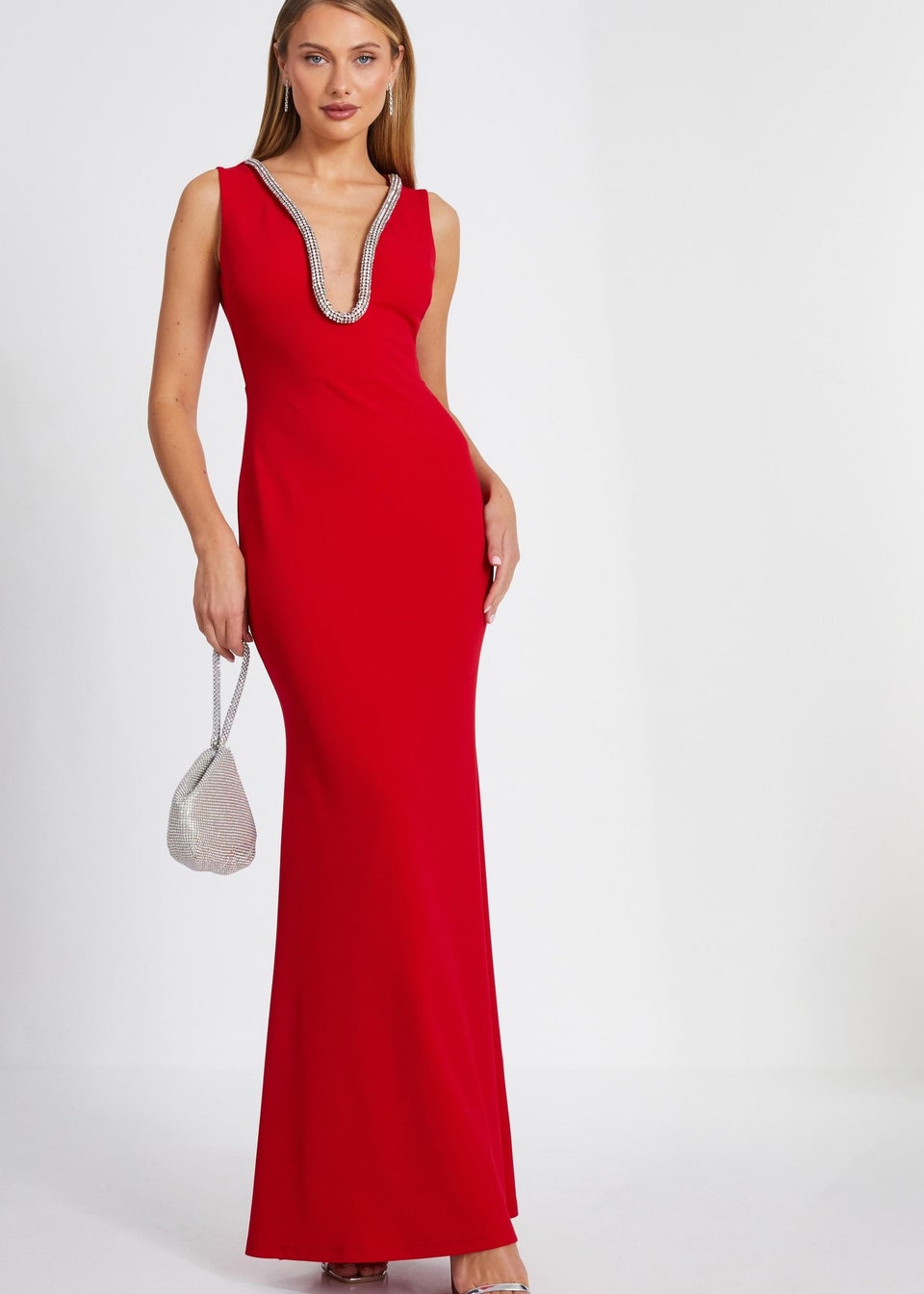 Quiz Red Diamante Trim Fishtail Maxi Dress Matalan