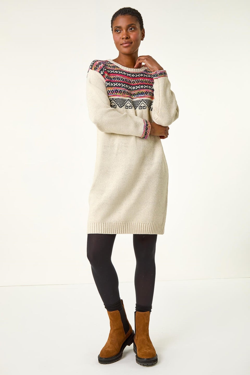 Roman Ivory Nordic Pattern Knitted Shift Dress