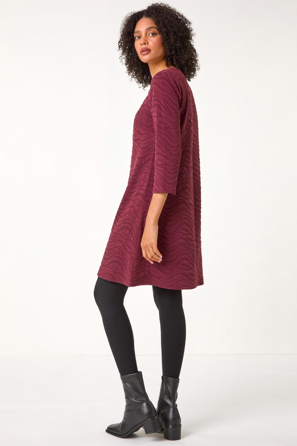 Roman Burgundy Wave Textured Stretch A-Line Dress