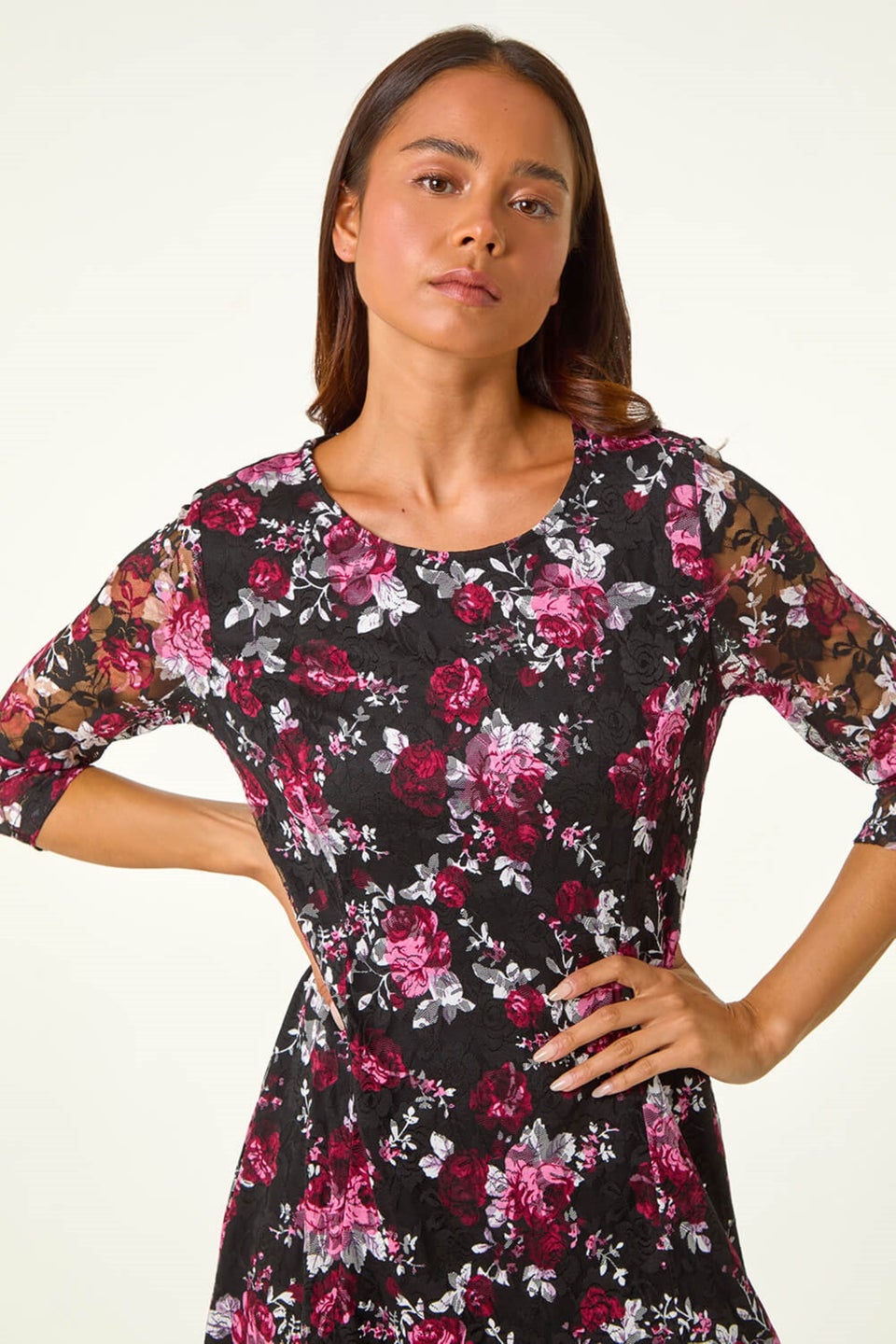 Roman Pink Petite Floral Print Lace Stretch Dress