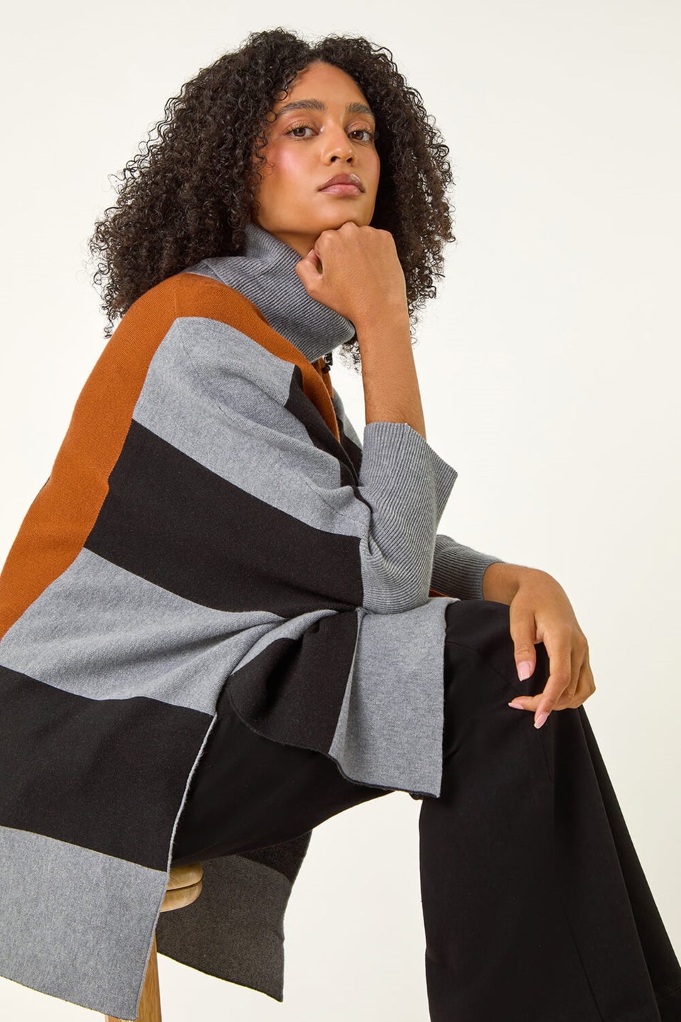 Roman Brown Stripe Colour Block Knit Poncho
