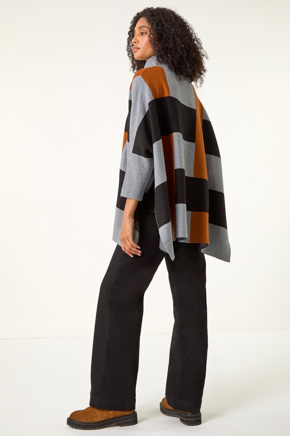 Roman Brown Stripe Colour Block Knit Poncho