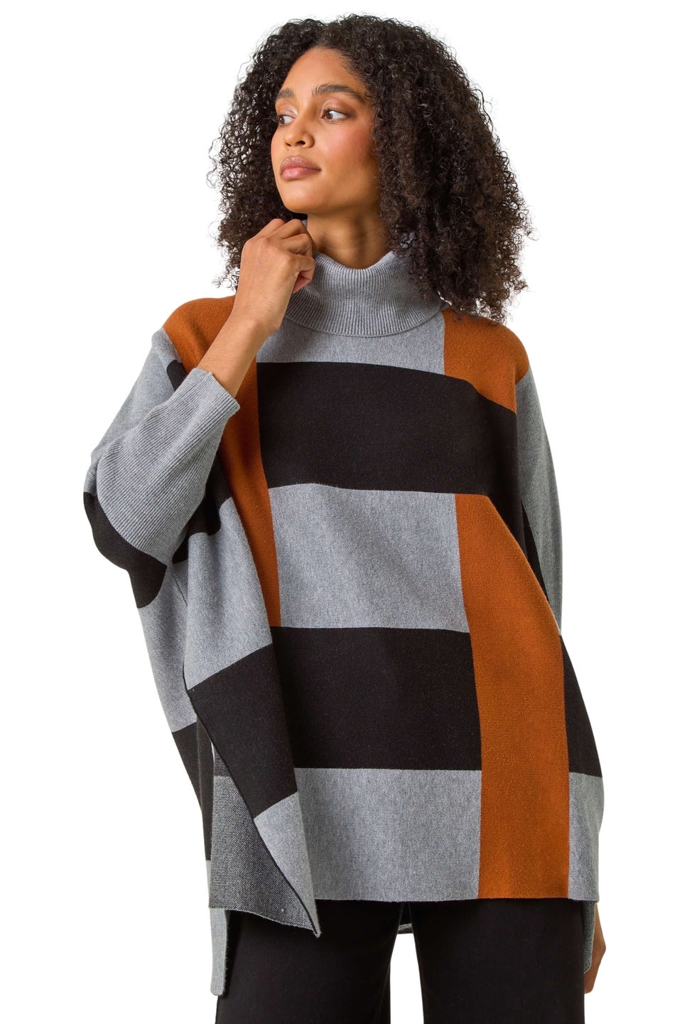 Roman Brown Stripe Colour Block Knit Poncho