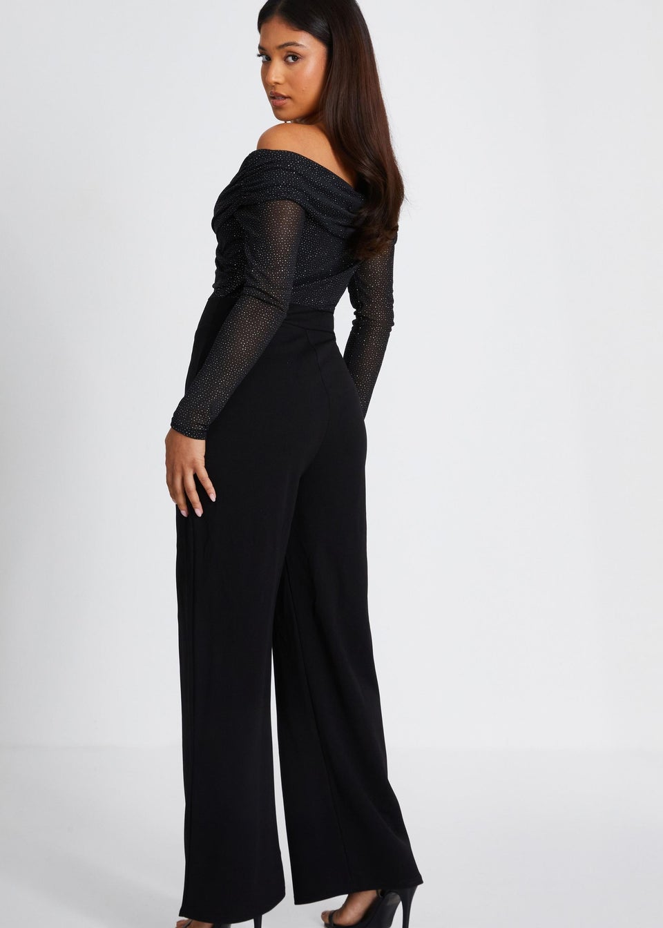 Quiz Black Petite Glitter Bardot Jumpsuit