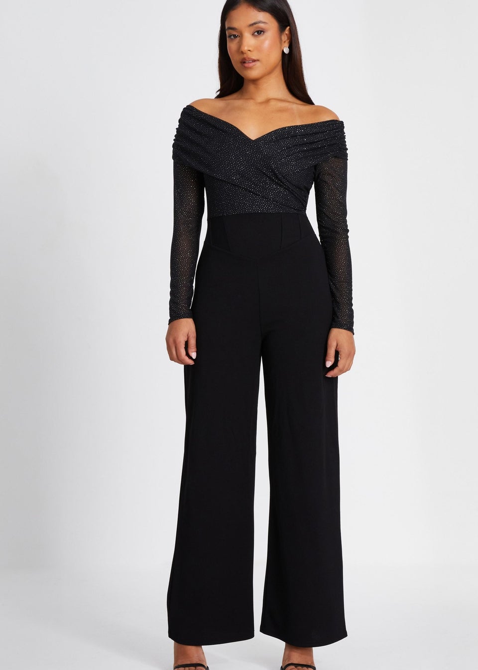 Quiz Black Petite Glitter Bardot Jumpsuit Matalan