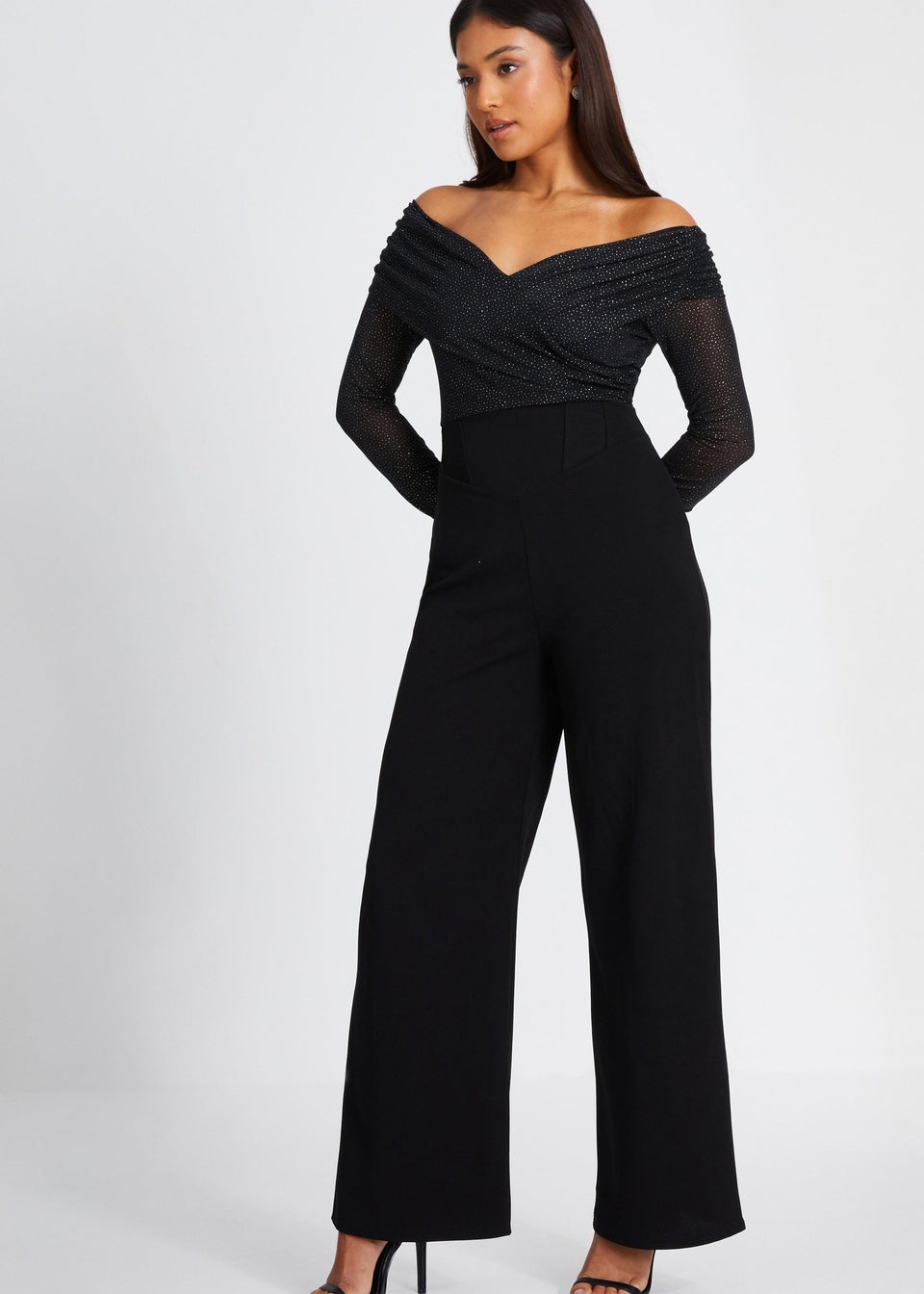Quiz Black Petite Glitter Bardot Jumpsuit