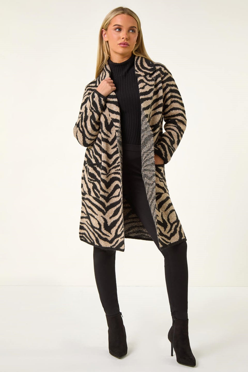 Roman Black Petite Animal Print Knit Coatigan