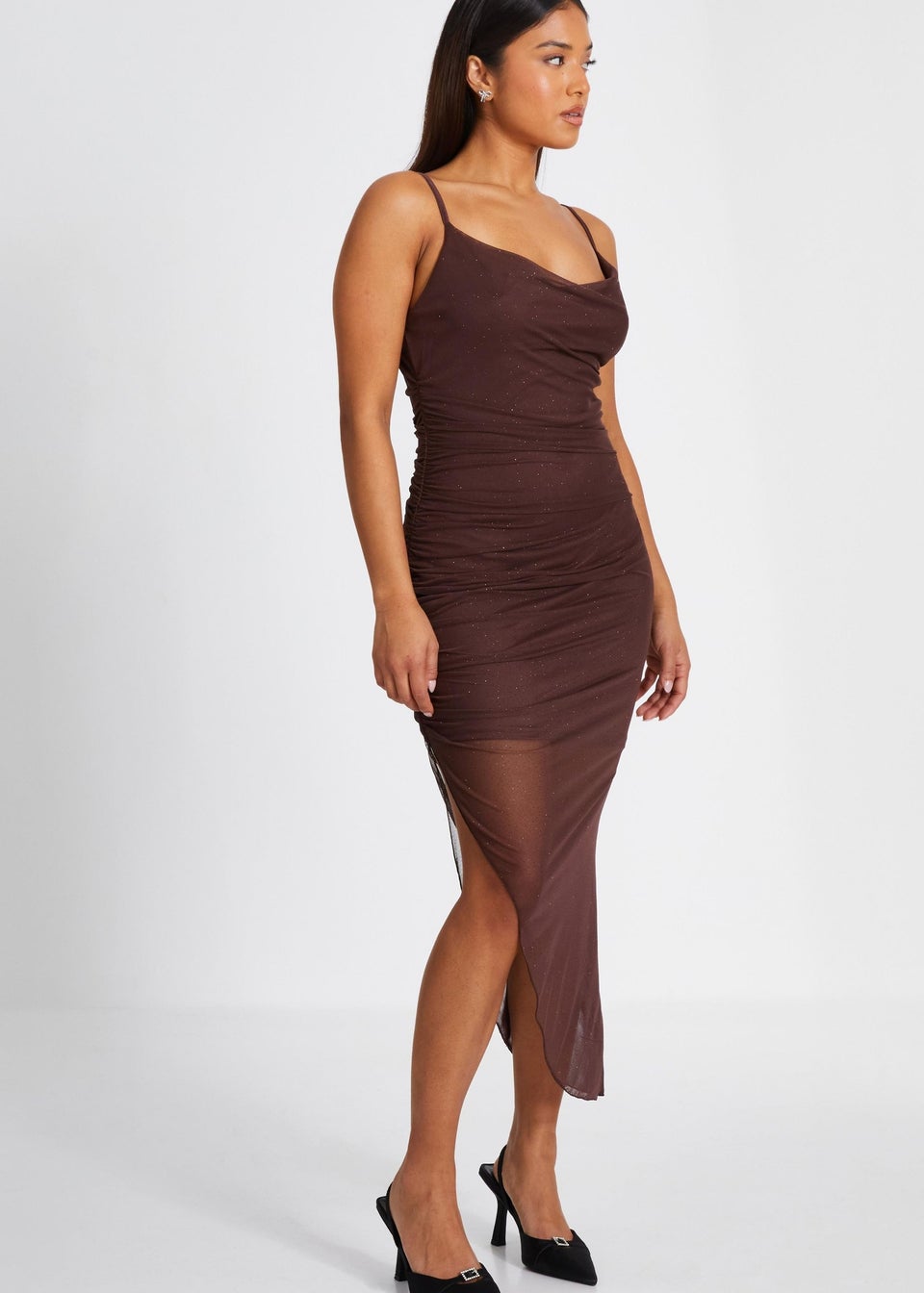 Quiz Brown Petite Glitter Mesh Midaxi Dress
