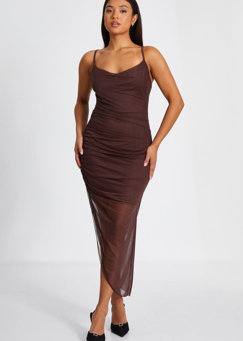 Quiz Brown Petite Glitter Mesh Midaxi Dress