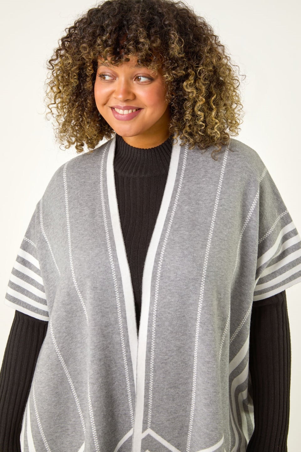 Roman Grey Curve Stripe Hem Square Poncho