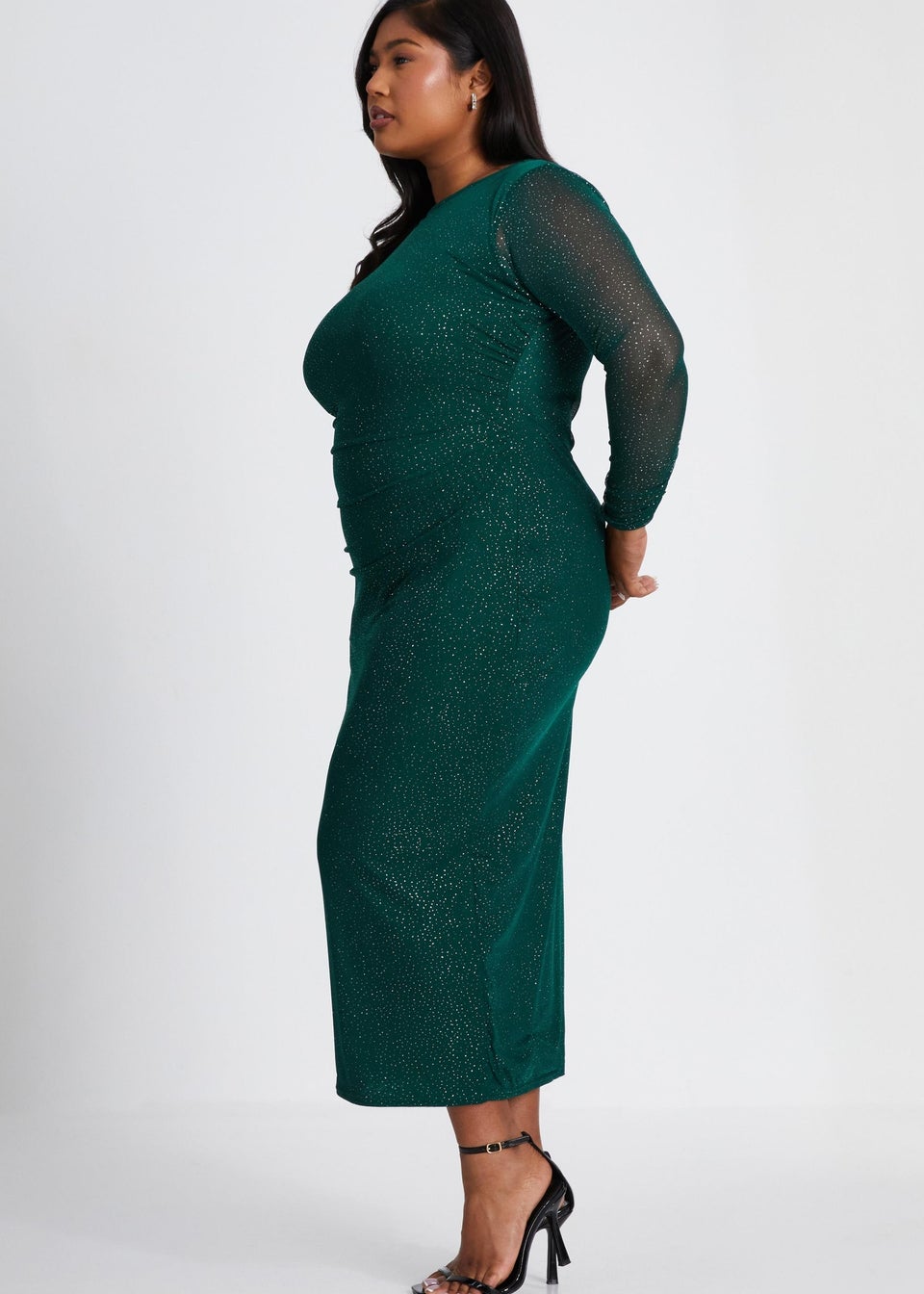Quiz Green Curve Glitter Mesh Midaxi Dress