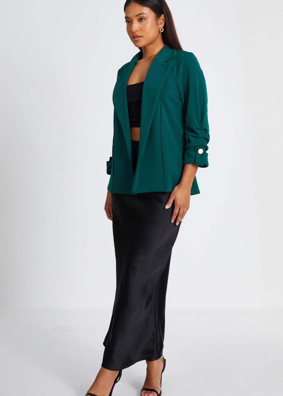 Quiz Green Petite Ruched Sleeve Blazer