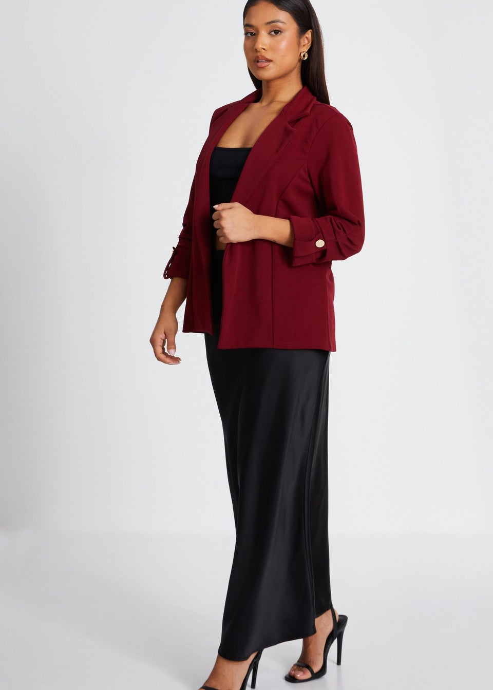 Red ruched sleeve blazer top