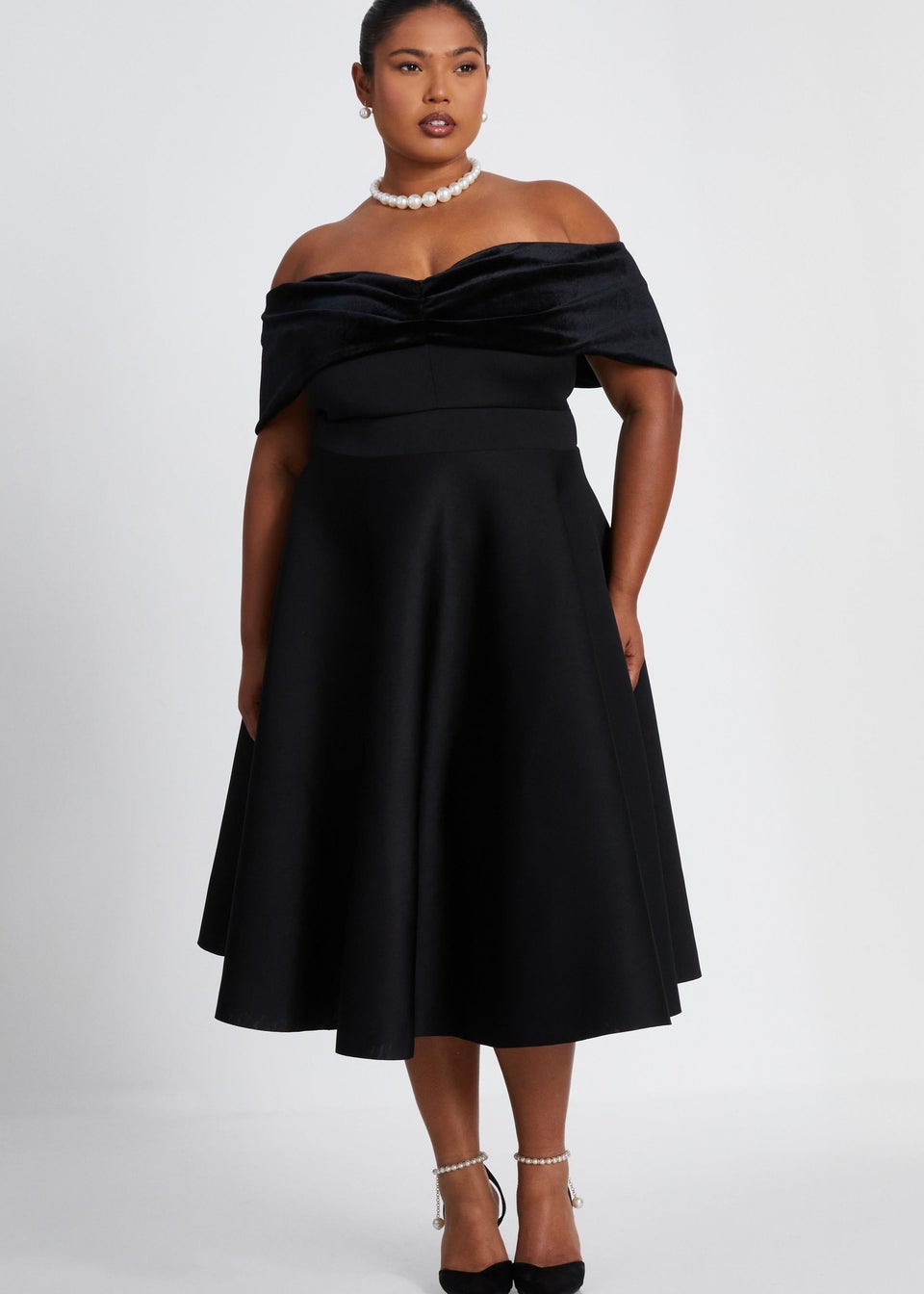 Quiz Black Curve Velvet Bardot Skater Dress Matalan
