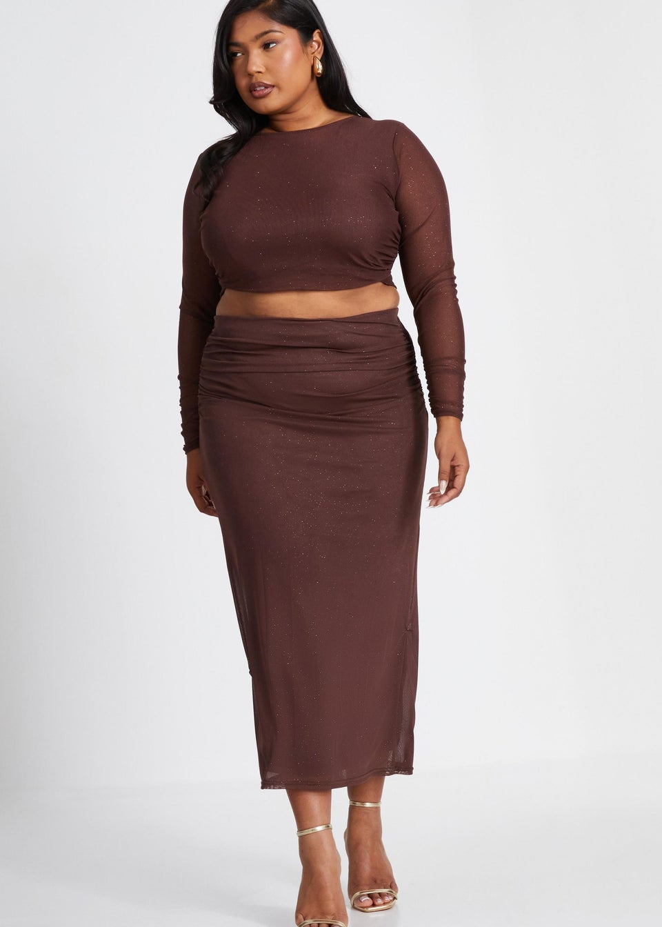 Quiz Brown Curve Glitter Mesh Midaxi Skirt Matalan