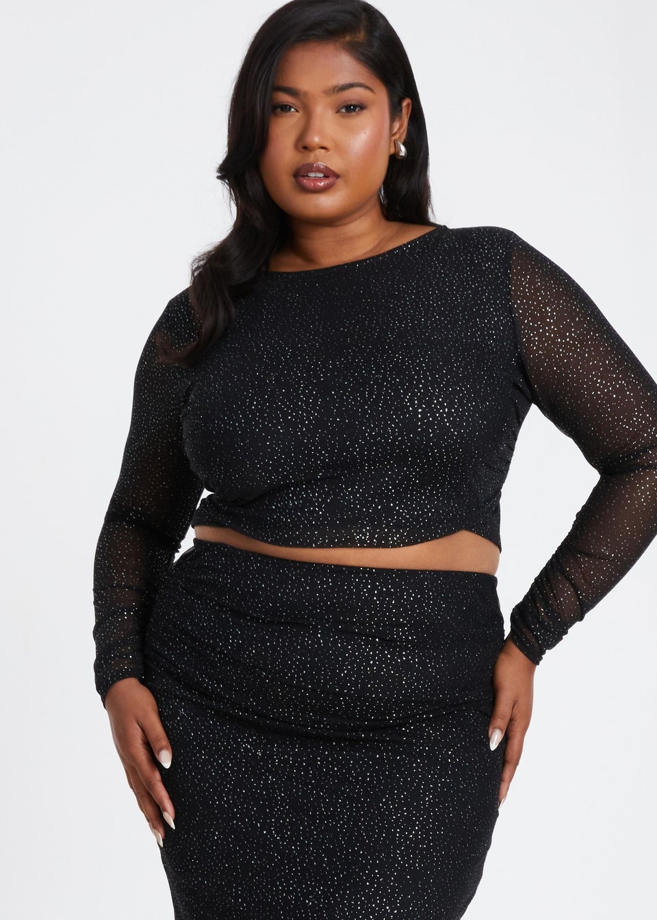 Quiz Black Curve Glitter Mesh Long Sleeve Top