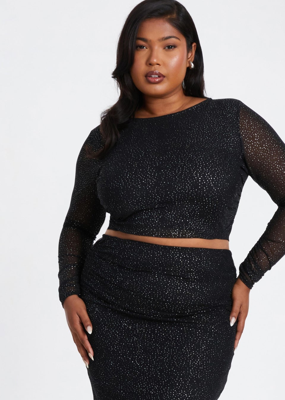 Quiz Black Curve Glitter Mesh Long Sleeve Top