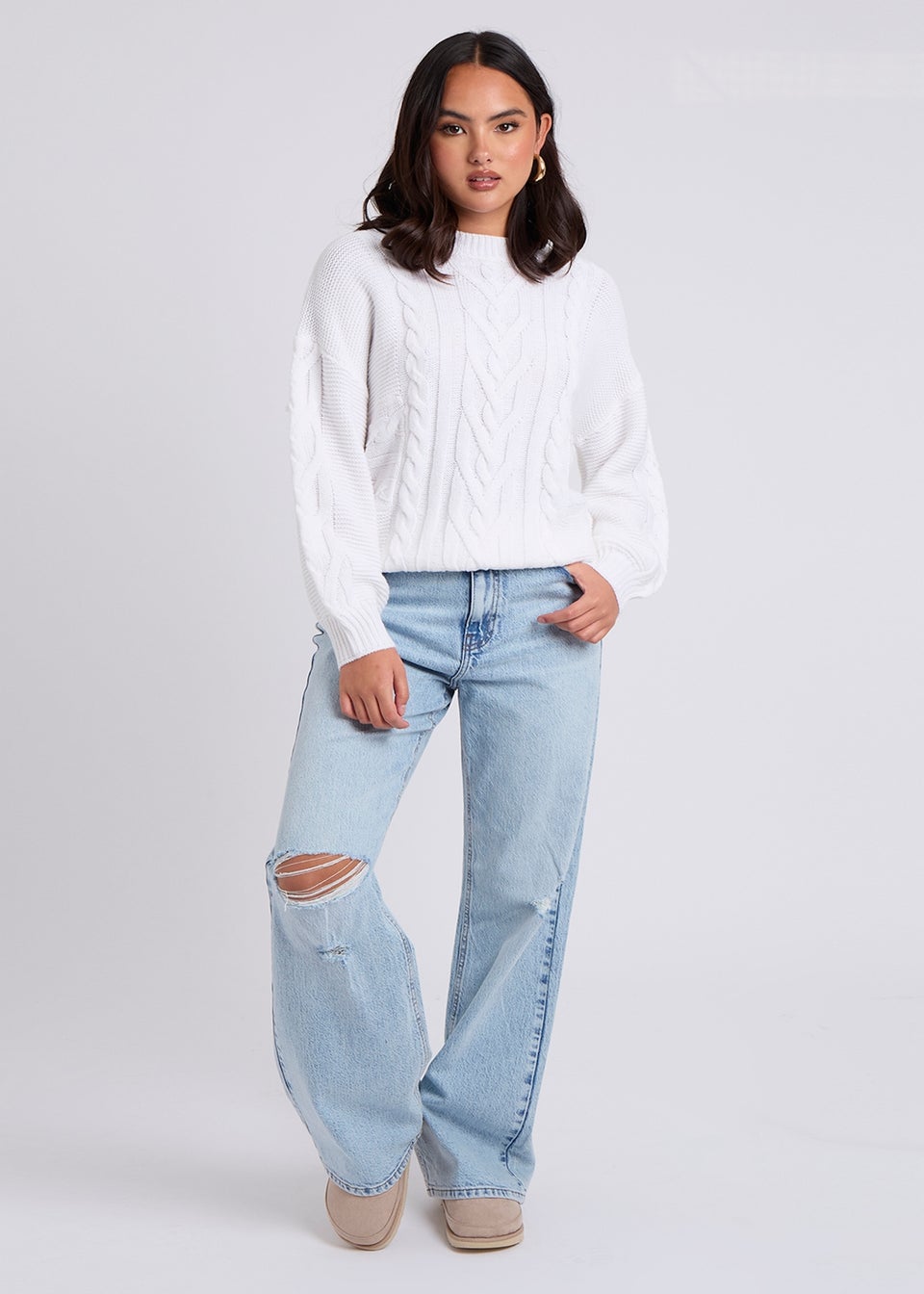 Urban Bliss White Cable & Textured Crew Jumper