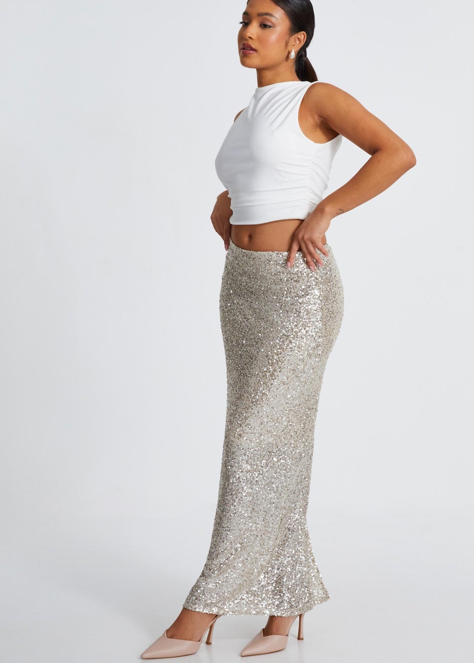 Quiz Champagne Petite Sequin Maxi Skirt