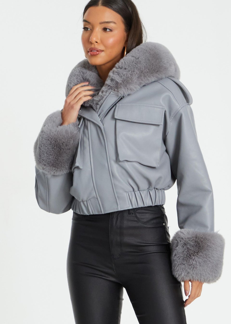Grey faux fur bomber jacket online